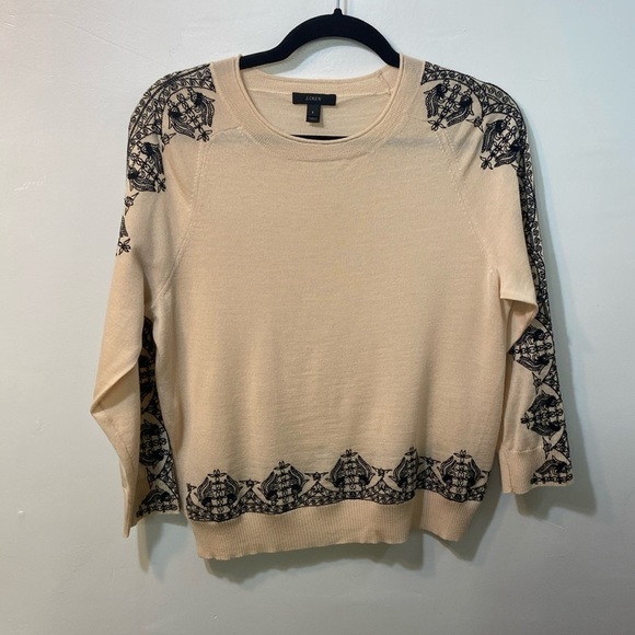 J Crew Women’s,Peach Cream/Black Marino Wool,Embroidered Sweater.Size-Small. - Picture 1 of 12